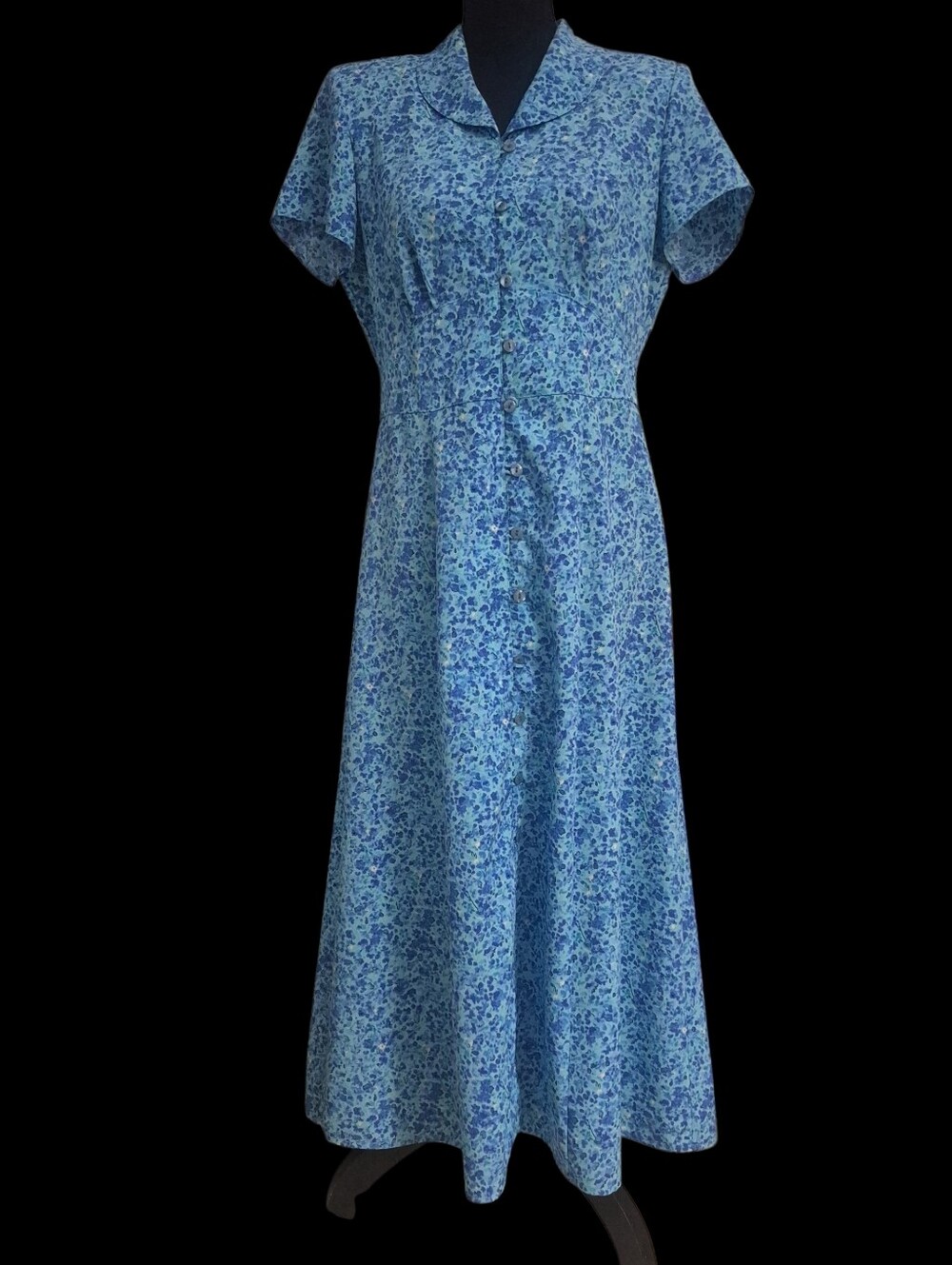 Vintage Miss Dorby Petite Blue Floral Short Sleeve Button Front Maxi Dress 10P